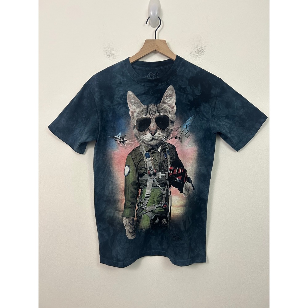 The Mountain Cool Cat Pilot Tie Dye Graphic T-Shirt Blue Black Size Small